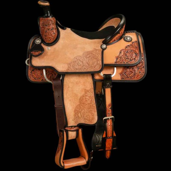 Our Spot Tooled Roper Saddle features hand tooled leadther on the skirts and fenders with full flank cinch and fully customizable parts. Personalize this roper saddle for your team today!